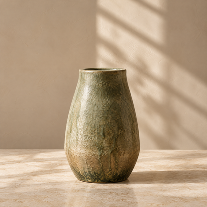 Full view of the olive green ceramic vase showing its rounded silhouette and varied surface texture.