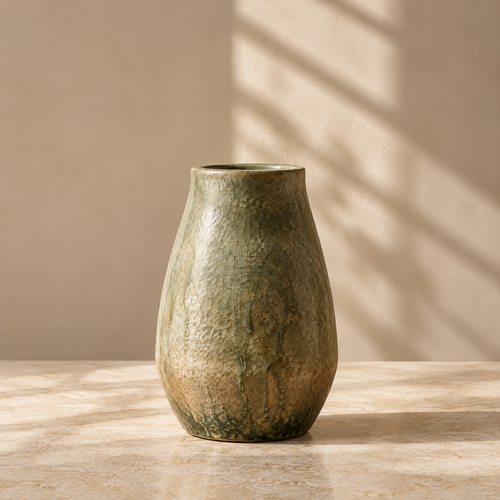 Full view of the olive green ceramic vase showing its rounded silhouette and varied surface texture.