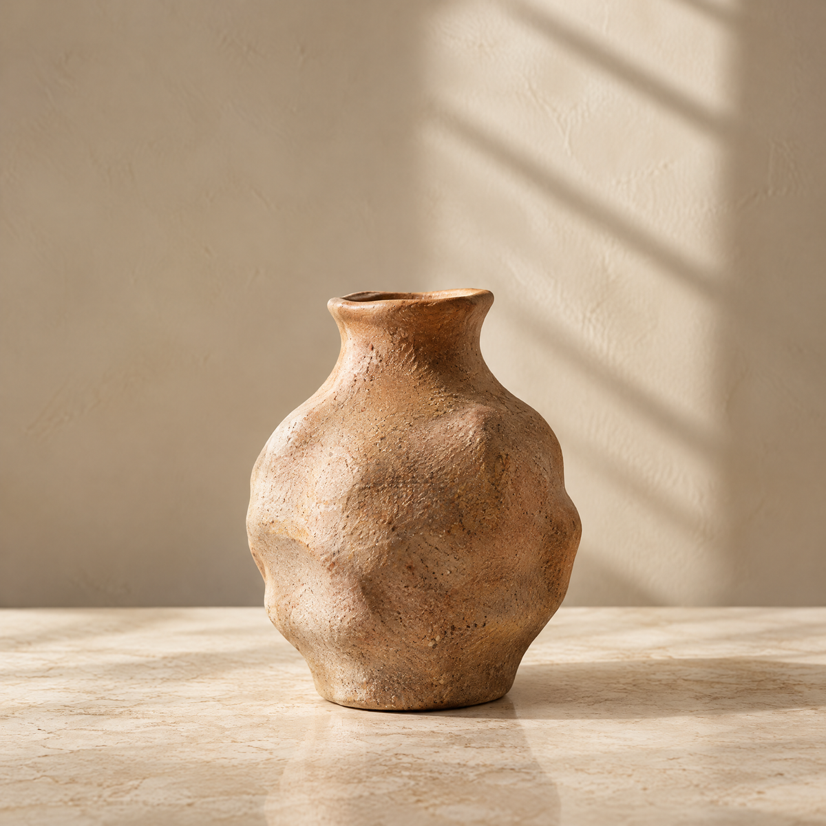 Close-up of the irregular vase rim and warm earthy textured finish.