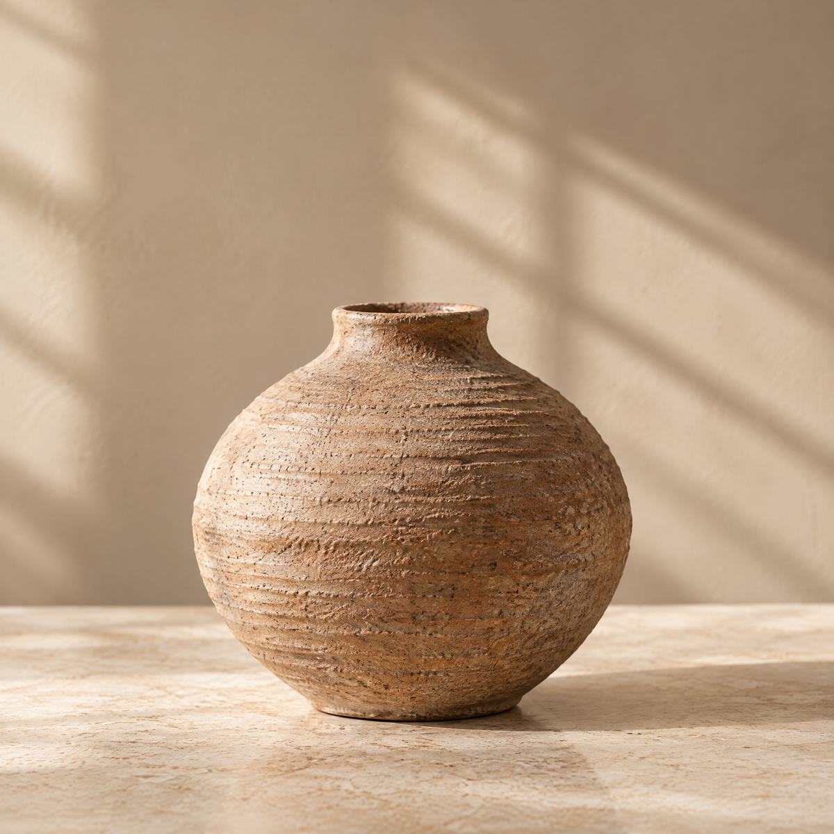 Round earth-tone vase styled with delicate floral stems and leafy branches.