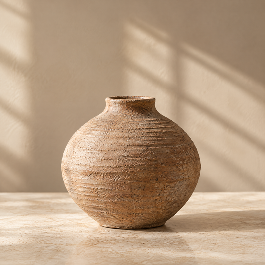 Round earth-tone vase styled with delicate floral stems and leafy branches.